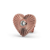 14k rose gold sunburst heart earring with bezel-set diamond, angled front view