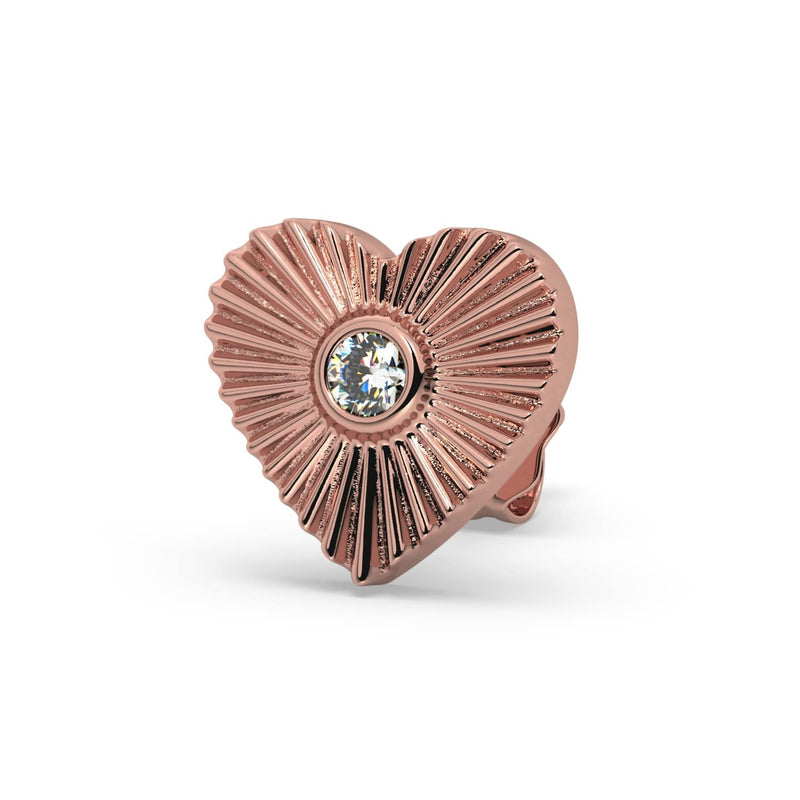 14k rose gold sunburst heart earring with bezel-set diamond, angled front view