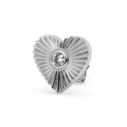 14k white gold sunburst heart earring with bezel-set diamond, angled front view