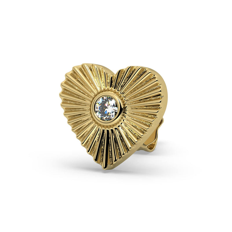 14k yellow gold sunburst heart earring with bezel-set diamond, angled front view