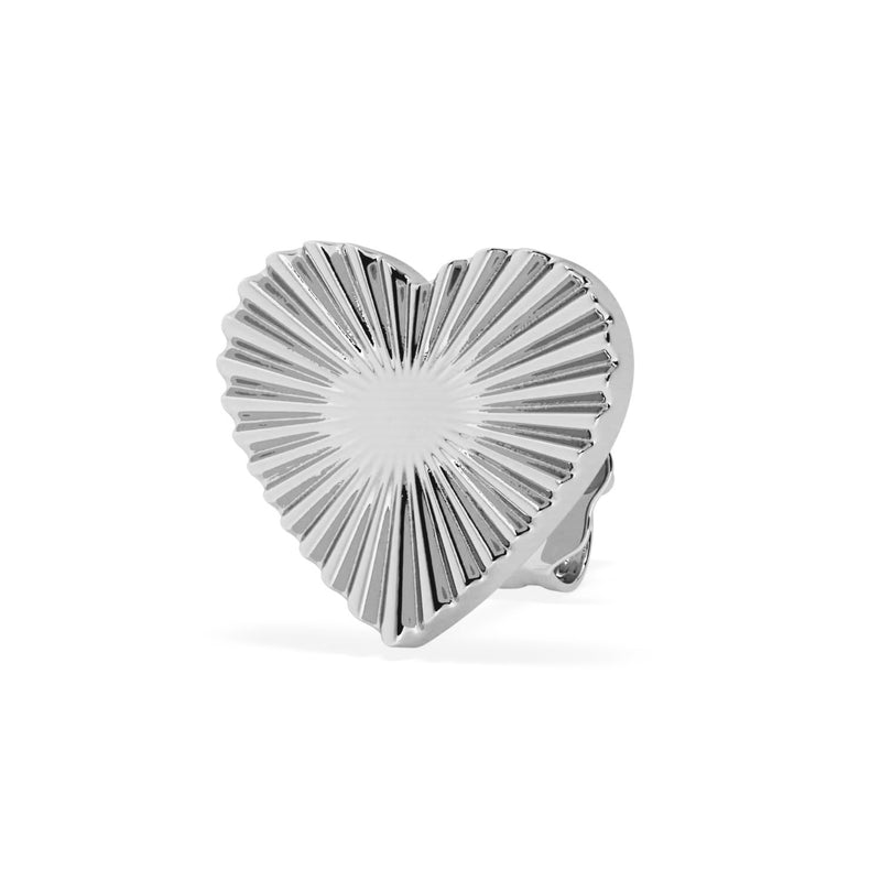 14k white gold sunburst heart earring with polished silver-toned sunburst motif, front view