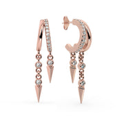 14K rose gold Vera diamond cuff earring pair displayed together showing pavé hoops and dual spike chain dangles