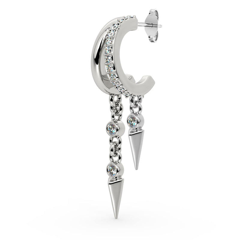 Side profile of 14K white gold Vera diamond cuff earring showing push-back post and dual spike drops
