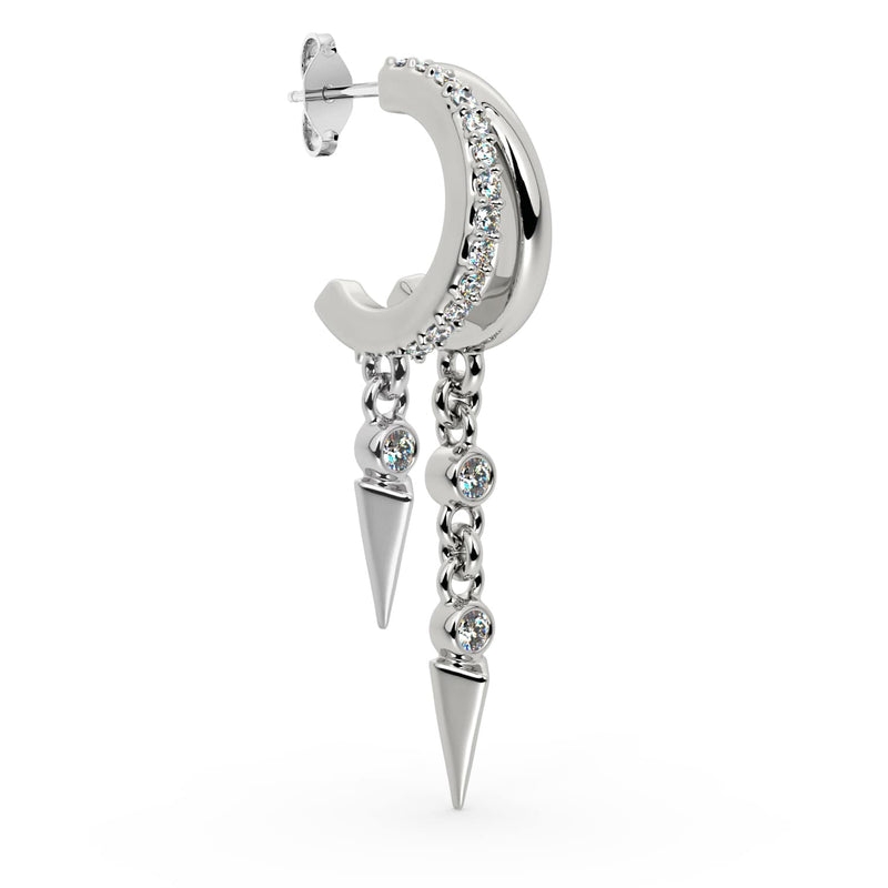 Angled side view of 14K white gold Vera cuff earring with push-back post and dual chain spike dangles