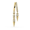 14K yellow gold diamond cuff earring with pavé hoop and dual bezel-set diamond spike dangles, front view