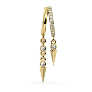 14K yellow gold diamond cuff earring with pavé hoop and dual bezel-set diamond spike dangles, front view