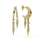 14K yellow gold Vera diamond cuff earring pair displayed together showing matching pavé hoops and spike drops