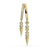 14K yellow gold diamond cuff earring shown from opposite angle, highlighting shorter spike and longer chain dangle