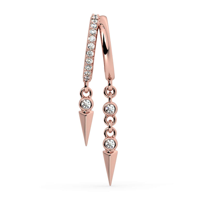 14K rose gold diamond cuff earring alternate angle showing asymmetric spike and diamond chain dangles