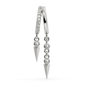 14K white gold diamond cuff earring alternate angle showing shorter spike dangle and longer bezel-diamond chain