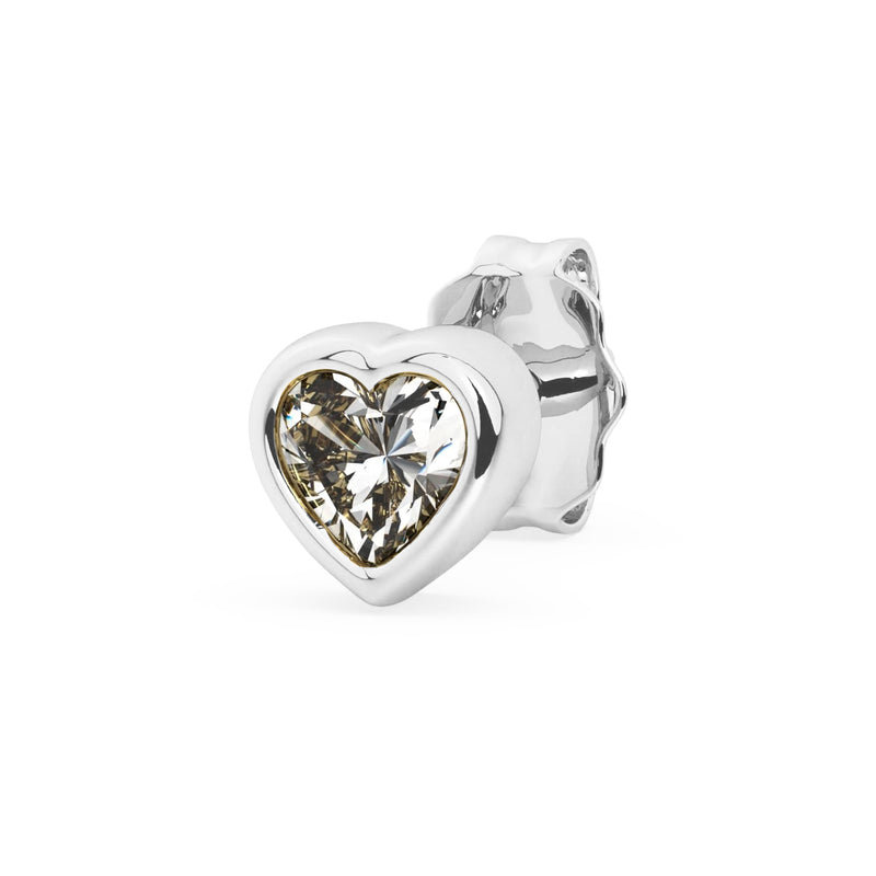 Single 14k white gold white sapphire heart stud earring, angled view with clear brilliant stone