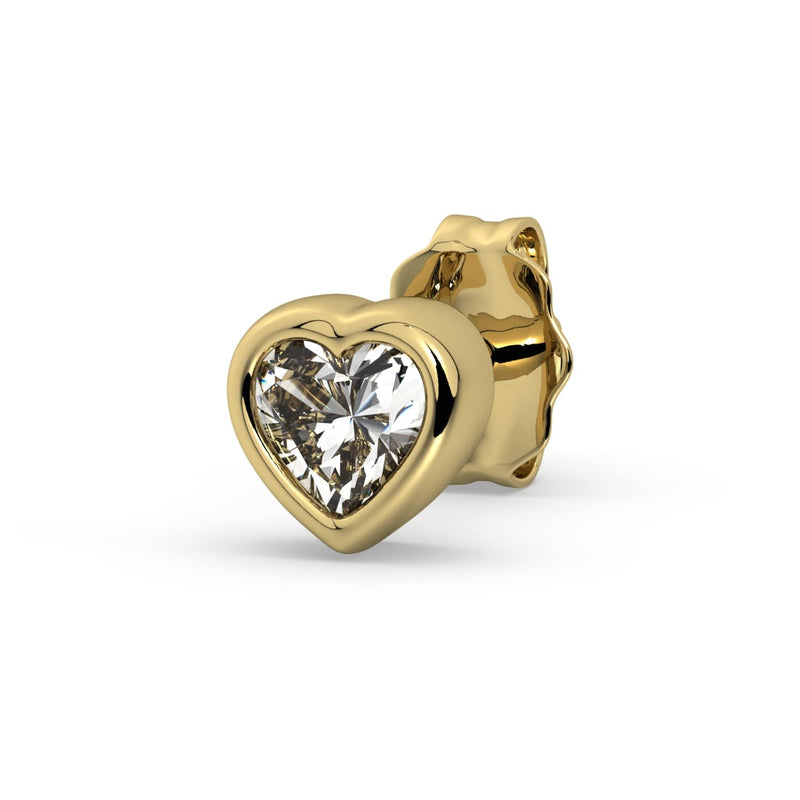 Single 14k yellow gold diamond heart stud earring, angled view showing bezel setting and butterfly back