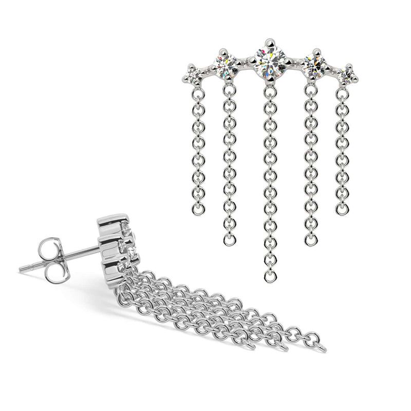 14K white gold Evenfall earring shown from front and side, revealing push-back post and layered chain dangle