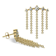 14K yellow gold dangle lobe earring with CZ constellation bar and cascading chain fringe, front and side views