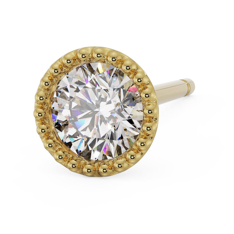 14K yellow gold French milgrain stud earring with round CZ, angled view showing milgrain bead border detail
