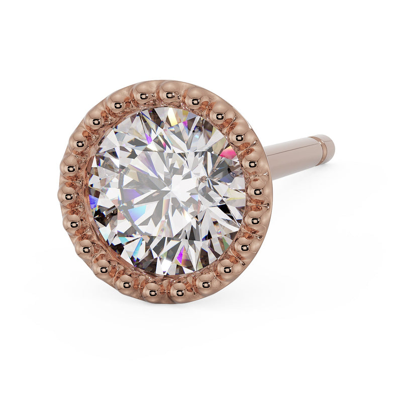 14K rose gold French milgrain stud earring with round CZ, angled view highlighting warm gold milgrain border