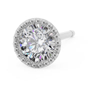 14K white gold milgrain stud earring with CZ at a slight right-facing angle showing beaded setting and post