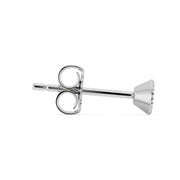 Side profile of 14K white gold French milgrain stud earring showing thin post and open butterfly backing