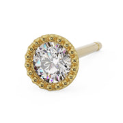 14K yellow gold milgrain cartilage stud earring with CZ stone, slightly lower angled front view