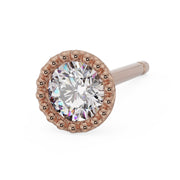 14K rose gold French milgrain stud earring with CZ, lower-right angle view showing bead border and post