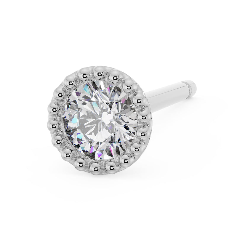 14K white gold French milgrain CZ stud earring, right-angle view showing milgrain surround and straight post