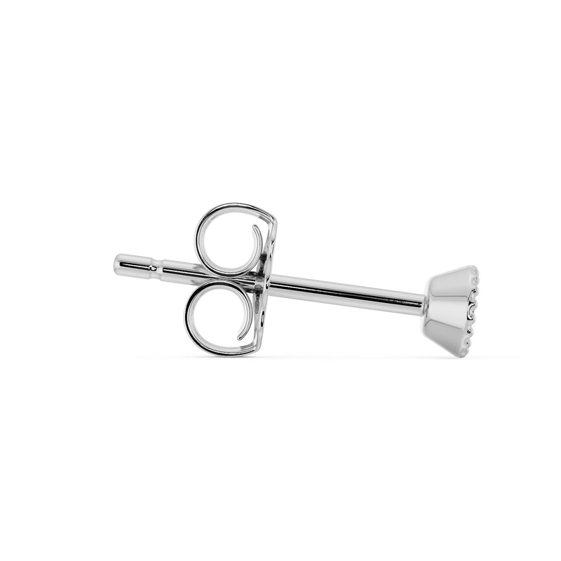 Side profile of 14K white gold milgrain stud earring showing post length and open-loop butterfly back, smaller size