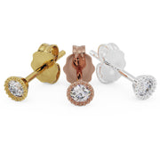 Angled side view of 14K yellow, rose, and white gold milgrain stud earrings showing post and butterfly back
