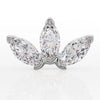 14k white gold marquise lotus threadless stud end with three sparkling CZ gems, front view