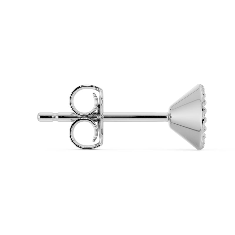 Horizontal side view of 14K white gold milgrain stud earring showing tapered bezel profile and post length