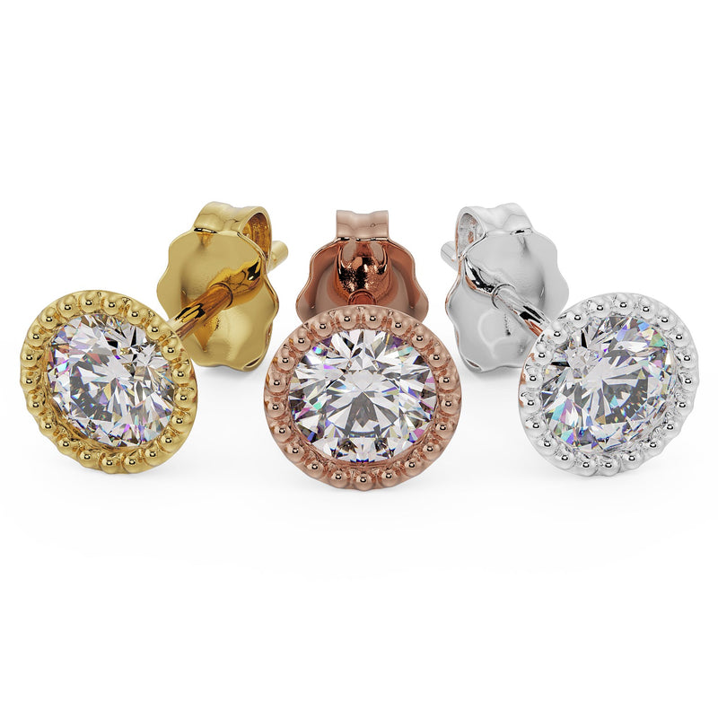 14K yellow, rose, and white gold milgrain stud earrings in an elevated angled trio view showing CZ stones