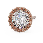 14K rose gold milgrain stud with large CZ, close overhead angle showing full beaded rose gold border