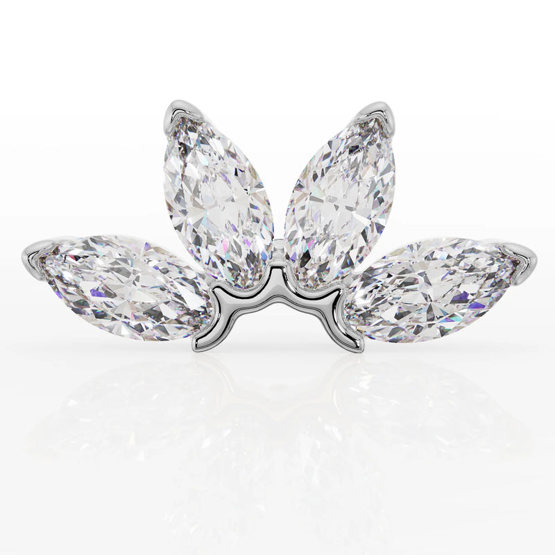 Close-up front view of 14k white gold four-stone marquise fan threadless end, CZ