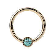14k yellow gold aqua diamond Perlagé fixed bead ring, front view with milgrain bezel setting