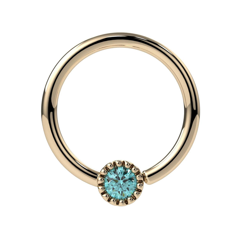 14k yellow gold aqua diamond Perlagé fixed bead ring, front view with milgrain bezel setting