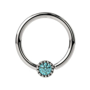 14k white gold aqua diamond Perlagé fixed bead ring, front view with milgrain bezel setting