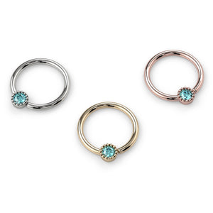 Aqua diamond Perlagé fixed bead ring in all three metals: 14k white gold, yellow gold, and rose gold