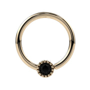 14k yellow gold fixed bead ring with black diamond in Perlagé milgrain bezel setting, front view