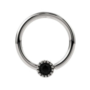 14k white gold fixed bead ring with genuine black diamond in Perlagé milgrain setting, front view