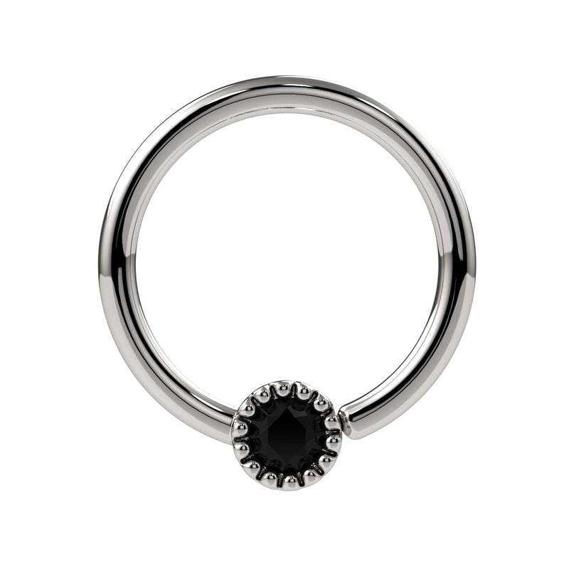14k white gold fixed bead ring with genuine black diamond in Perlagé milgrain setting, front view