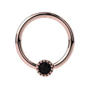 14k rose gold fixed bead ring with black diamond Perlagé milgrain bezel, front view