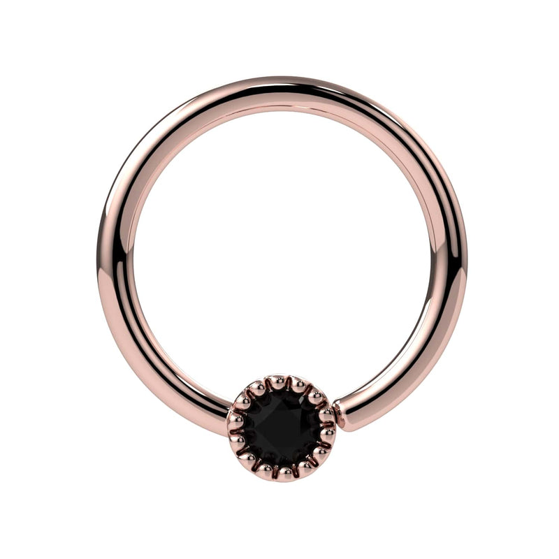 14k rose gold fixed bead ring with black diamond Perlagé milgrain bezel, front view