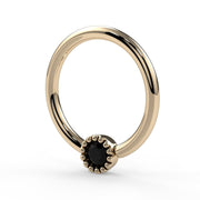 14k yellow gold black diamond fixed bead ring, angled side view showing milgrain bezel depth