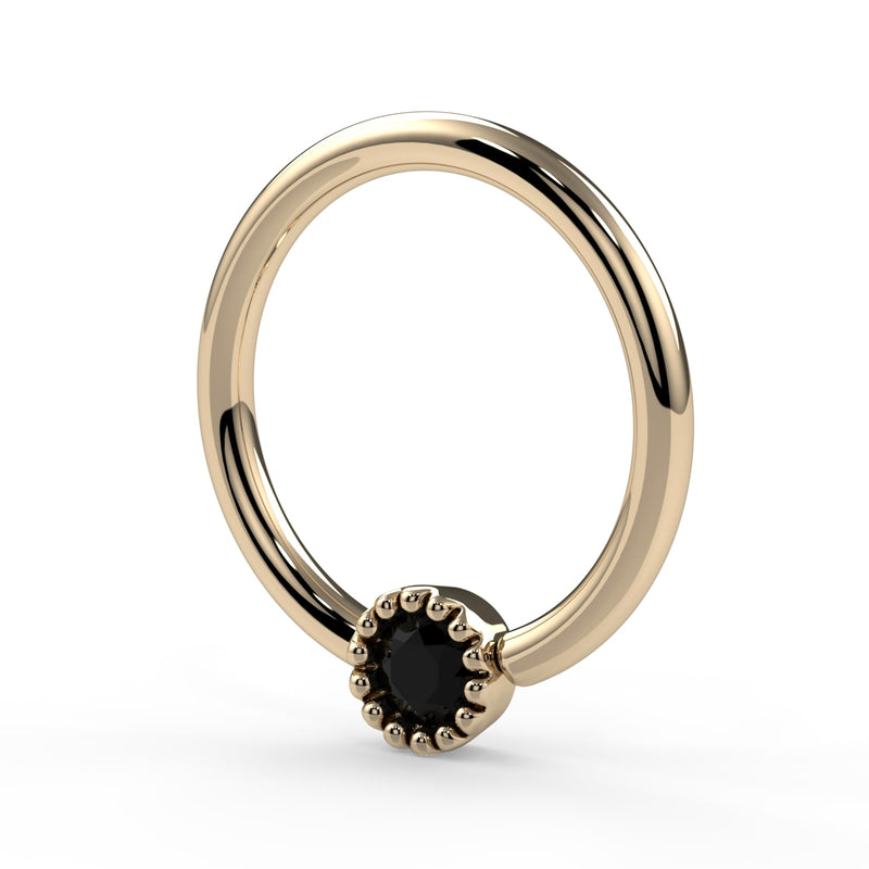 14k yellow gold black diamond fixed bead ring, angled side view showing milgrain bezel depth