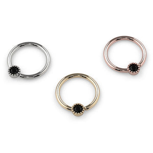 Black diamond Perlagé fixed bead ring shown in all three metal options: white gold, yellow gold, and rose gold