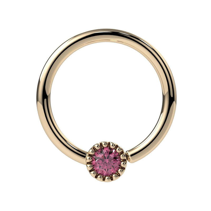 14k yellow gold pink diamond Perlagé fixed bead ring with milgrain bezel setting, front view