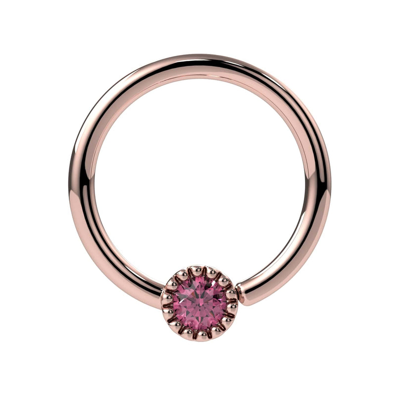 14k rose gold pink diamond Perlagé fixed bead ring with milgrain bezel, front view