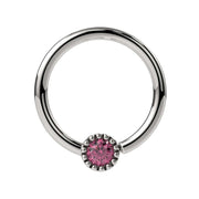 14k white gold pink diamond Perlagé captive bead ring with milgrain setting, front view