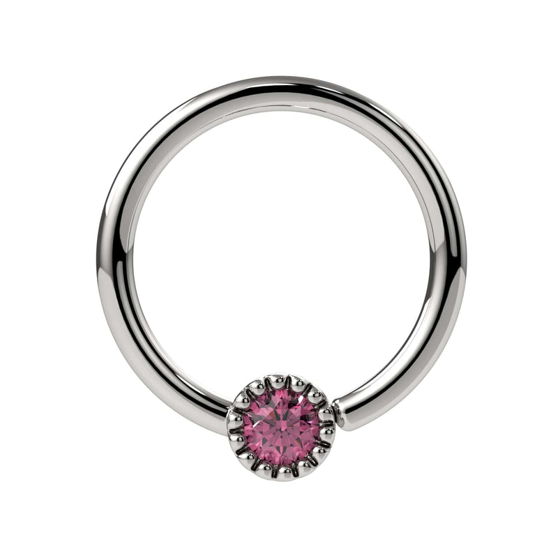 14k white gold pink diamond Perlagé captive bead ring with milgrain setting, front view