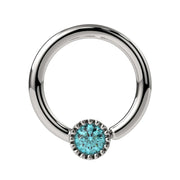 14k white gold aqua diamond Perlagé fixed bead ring, slightly elevated front angle showing silver-toned milgrain setting
