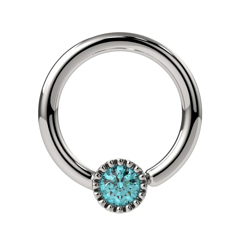 14k white gold aqua diamond Perlagé fixed bead ring, slightly elevated front angle showing silver-toned milgrain setting